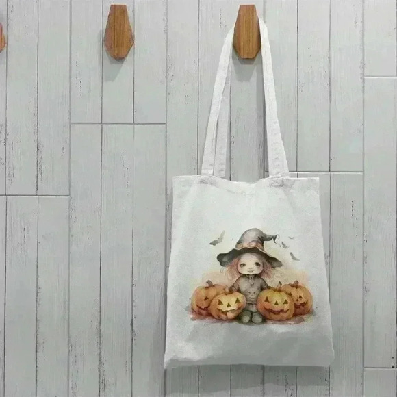 Little Witch Girl in Hat Halloween Canvas Tote Bag - Picture 3 of 3